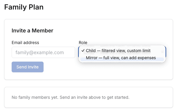 Family Plan invite form showing Child and Mirror role options